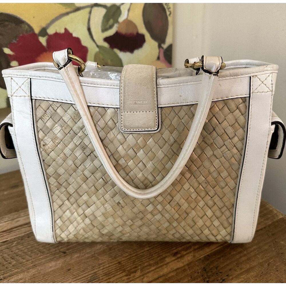 Coach Vintage Hampton Basket Weave Straw Suede Leather Satchel Tan White 4419 - Picture 2 of 9